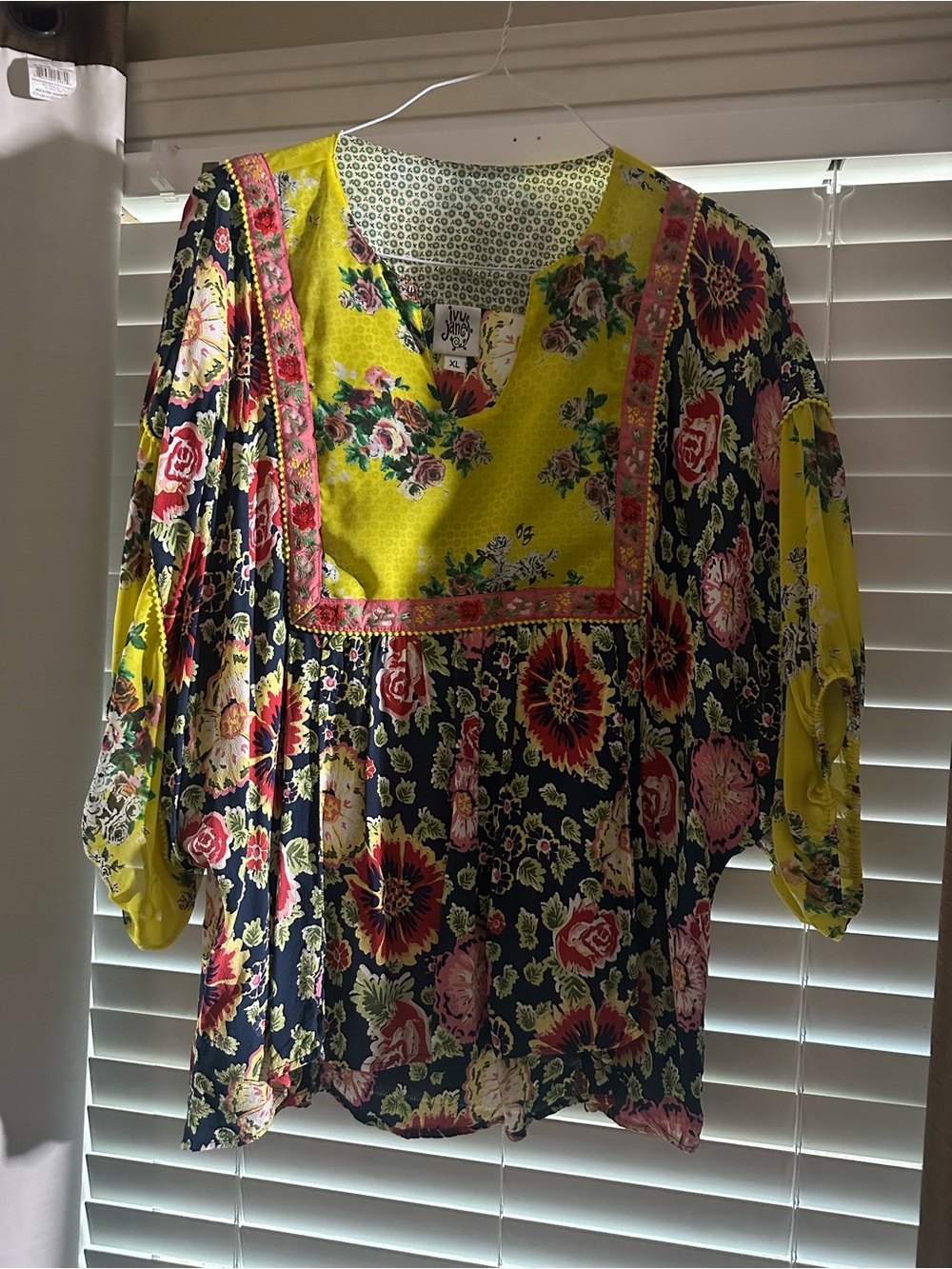 ivy jane Yellow and Black Floral Peasant Top with Pink Accents